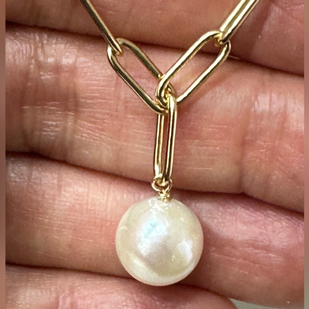HANDMADE 10mm White Cultured Pearl 14K Paperclip Necklace 19 Inches - Adjustable